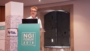 Martel's Timo Lahnalampi introduces the demo stands at NGI Forum 2018